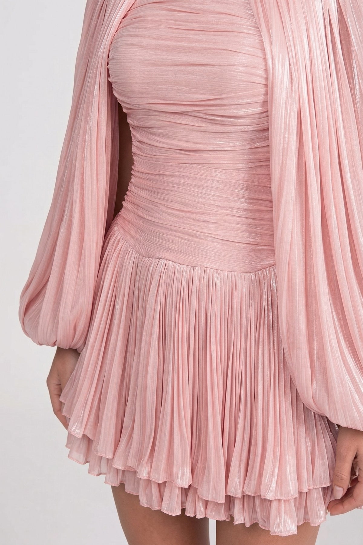 High Neck Keyhole Cut Out Pleated Cape Sleeve Ruched Mini Dress - View 9
