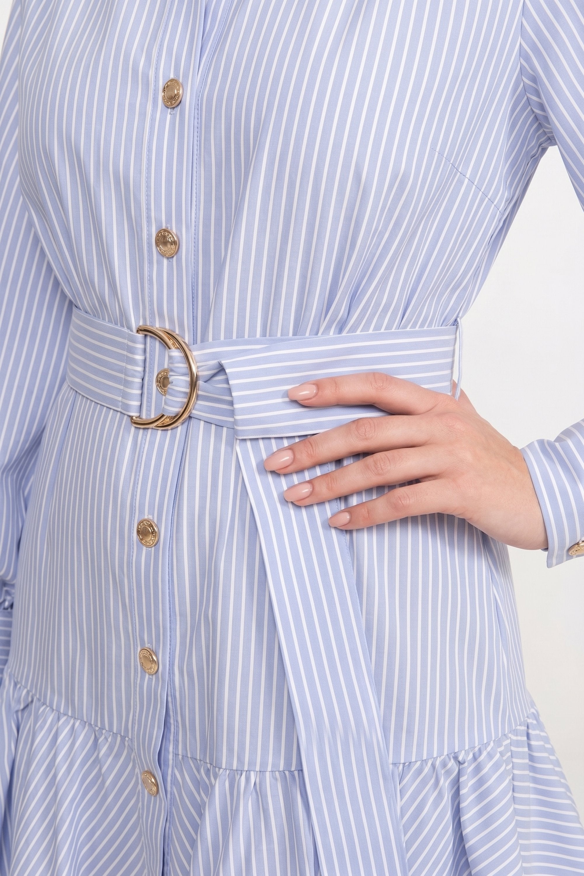Striped High Neck Balloon Sleeve Belted Tiered Ruffle Mini Dress - View 5