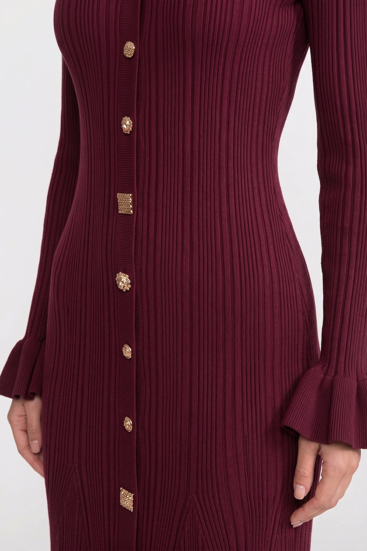 V-Neck Long Sleeve Ruffle Cuff Button Front Ribbed Knit Midi Dress 4