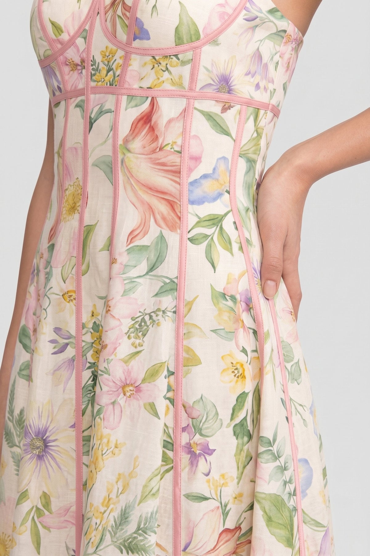 Floral Print Sweetheart Neck Contrast Piping Corset Fit and Flare Midi Dress 5