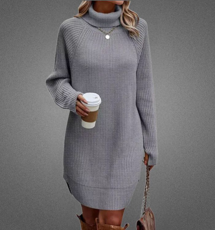 Knit Turtleneck Raglan Long Sleeve Ribbed Oversized Mini Sweater Dress