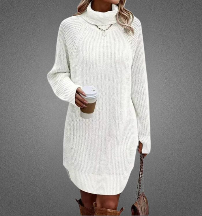 Knit Turtleneck Raglan Long Sleeve Ribbed Oversized Mini Sweater Dress