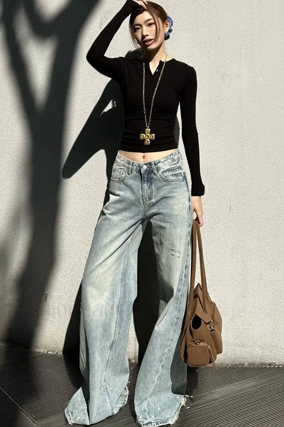 Washed Wide-Leg Distressed Jeans