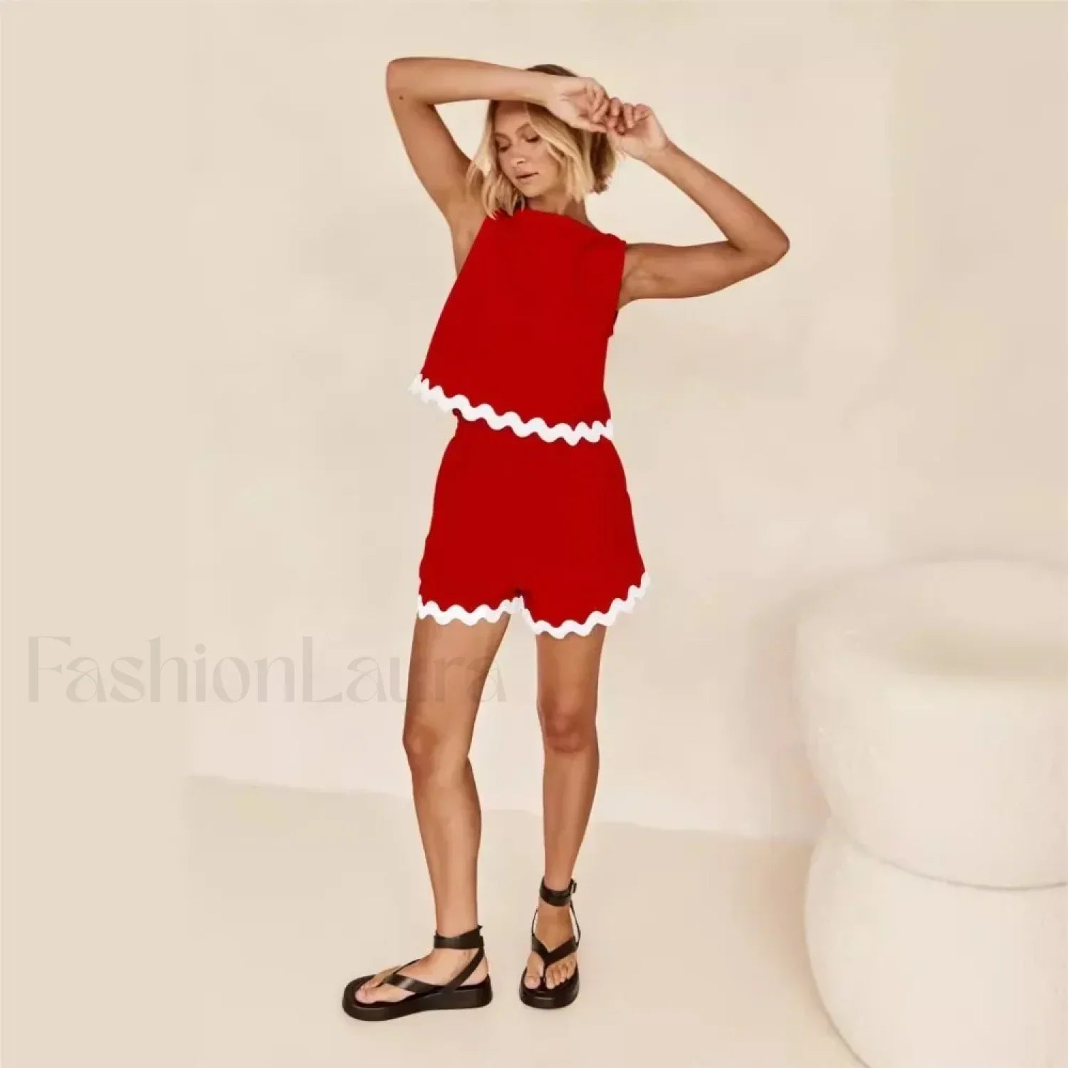 Wave Stripe Patchwork O Neck Tops Fashion Shorts Two Piece Set