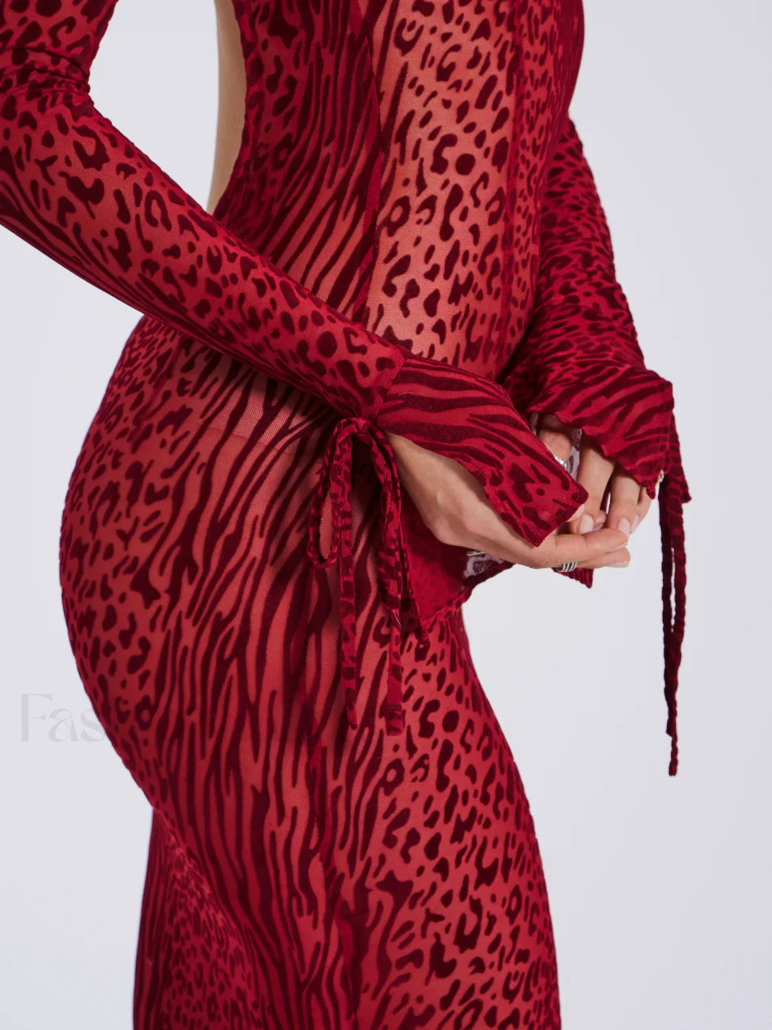 Waylynn Burgundy Burnout Velvet Graceful Detail Mesh Backless Maxi Dress