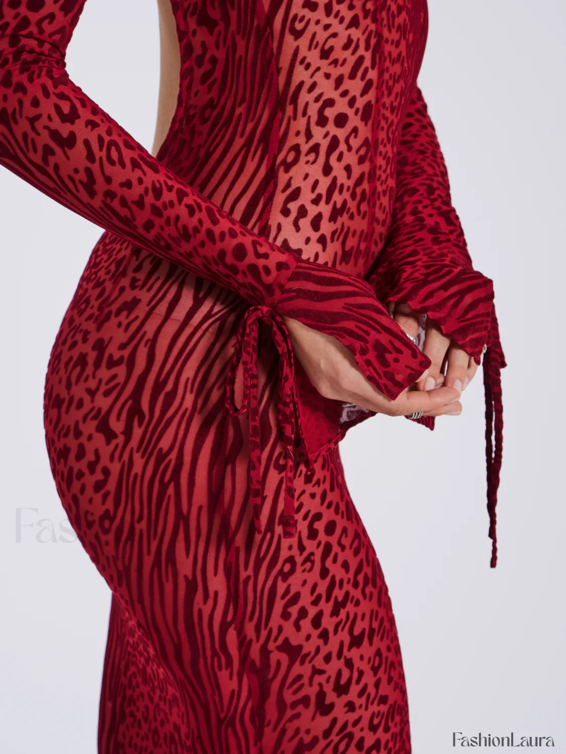 Waylynn Burgundy Burnout Velvet Graceful Detail Mesh Backless Maxi Dress