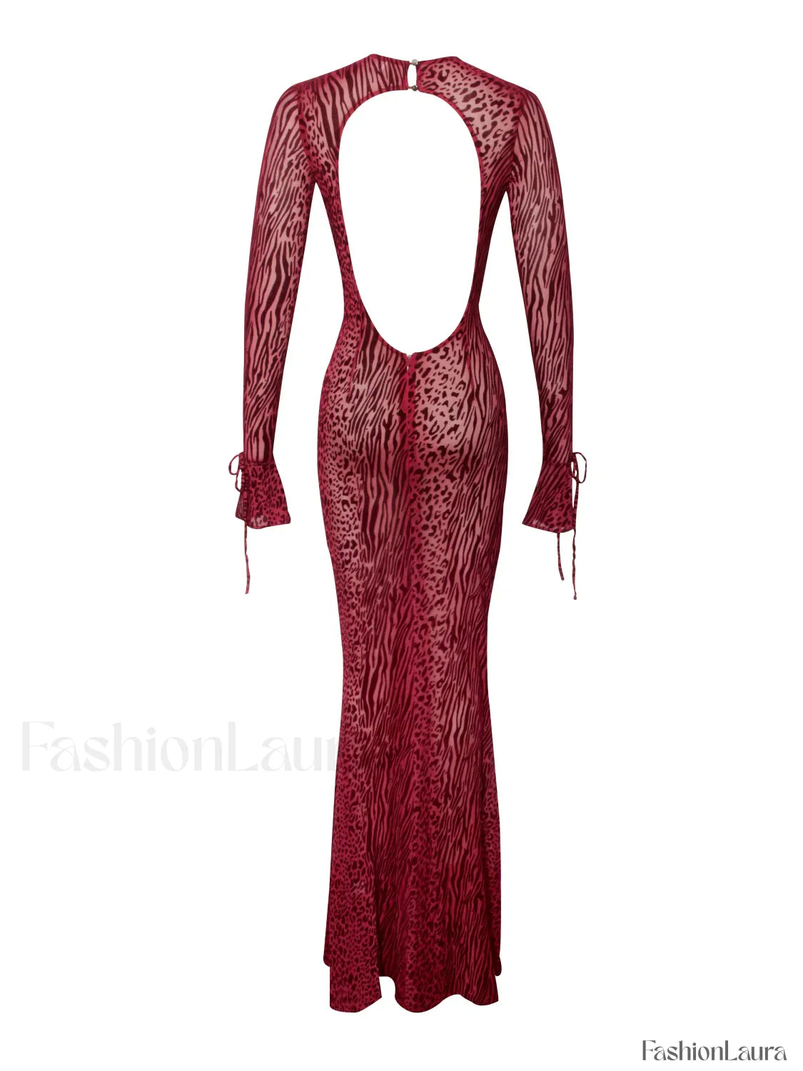 Waylynn Burgundy Burnout Velvet Graceful Detail Mesh Backless Maxi Dress