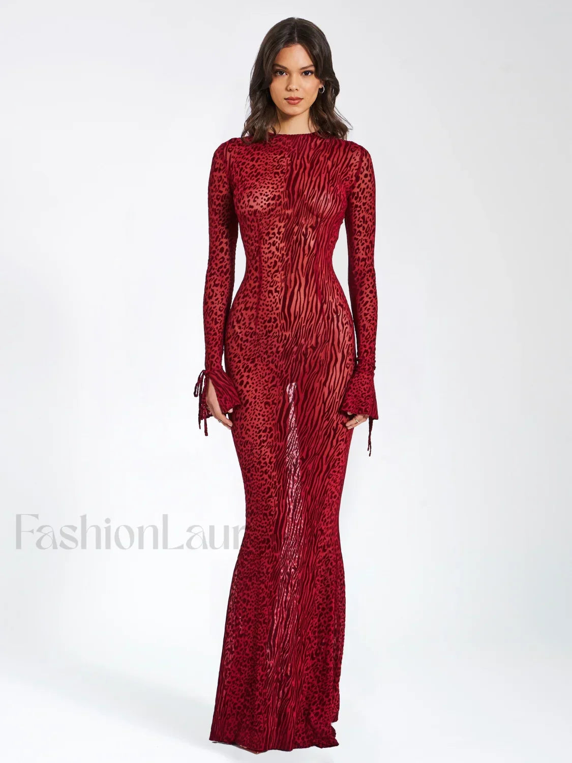 Waylynn Burgundy Burnout Velvet Graceful Detail Mesh Backless Maxi Dress XXS / US Dresses