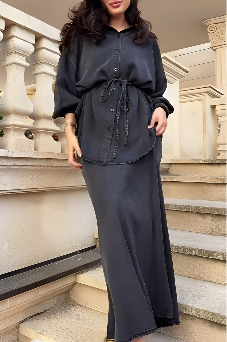 Drawstring Waist Button Front Shirt and Maxi Skirt Two Piece Set