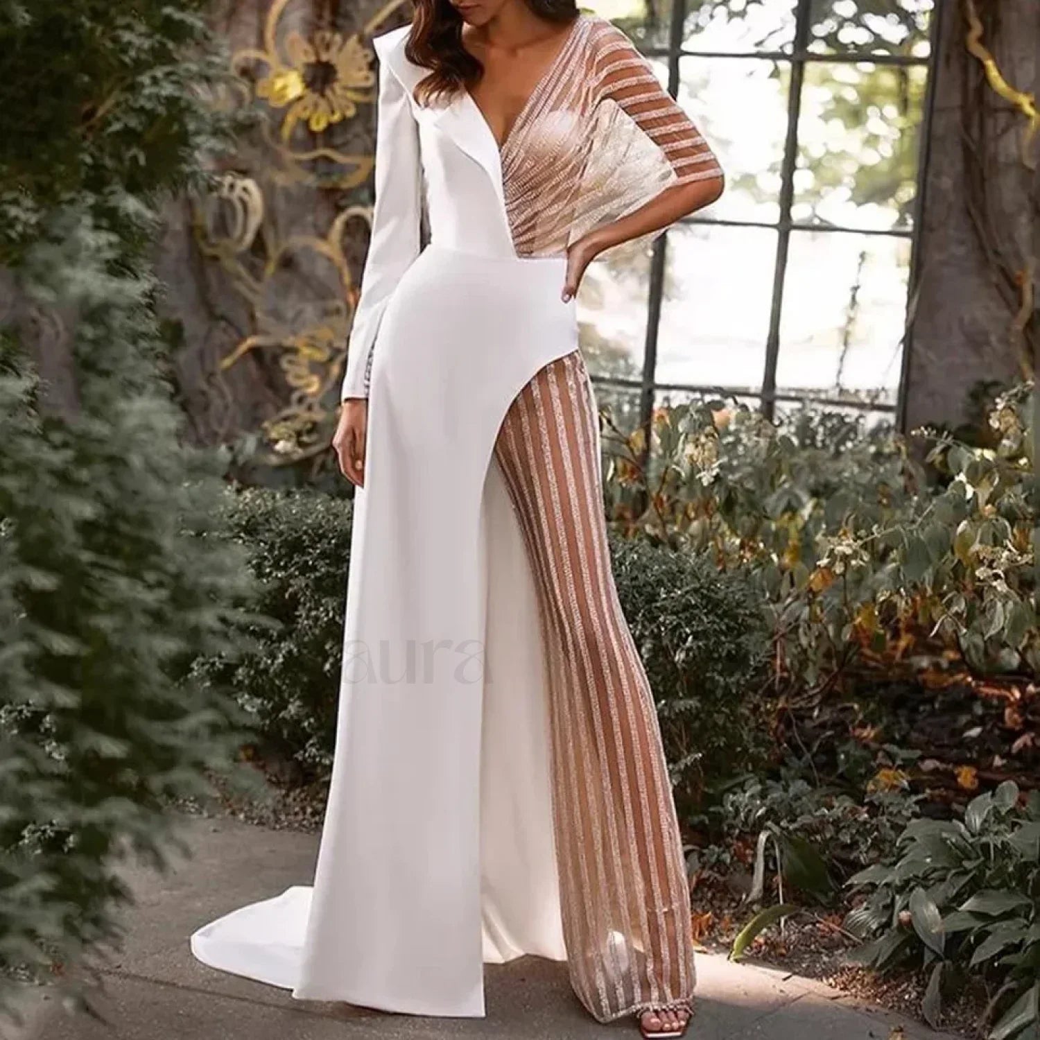 Wedding Attire Long Sleeve Tulle V neck Back Slit Sexy Wedding Evening Prom Dress WHITE / S