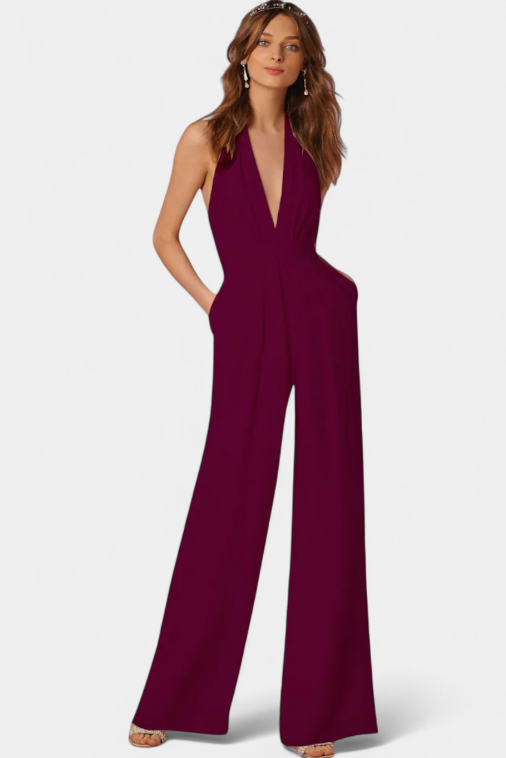 Deep V-Neck Halter Wide Leg Jumpsuit