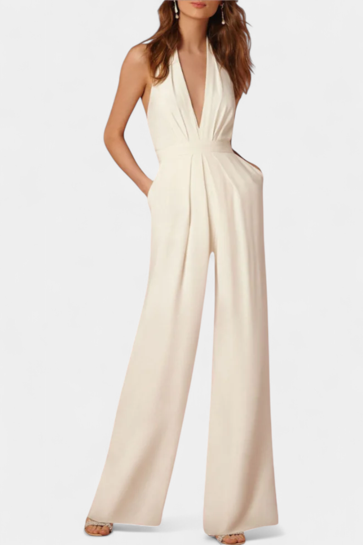 Deep V-Neck Halter Wide Leg Jumpsuit