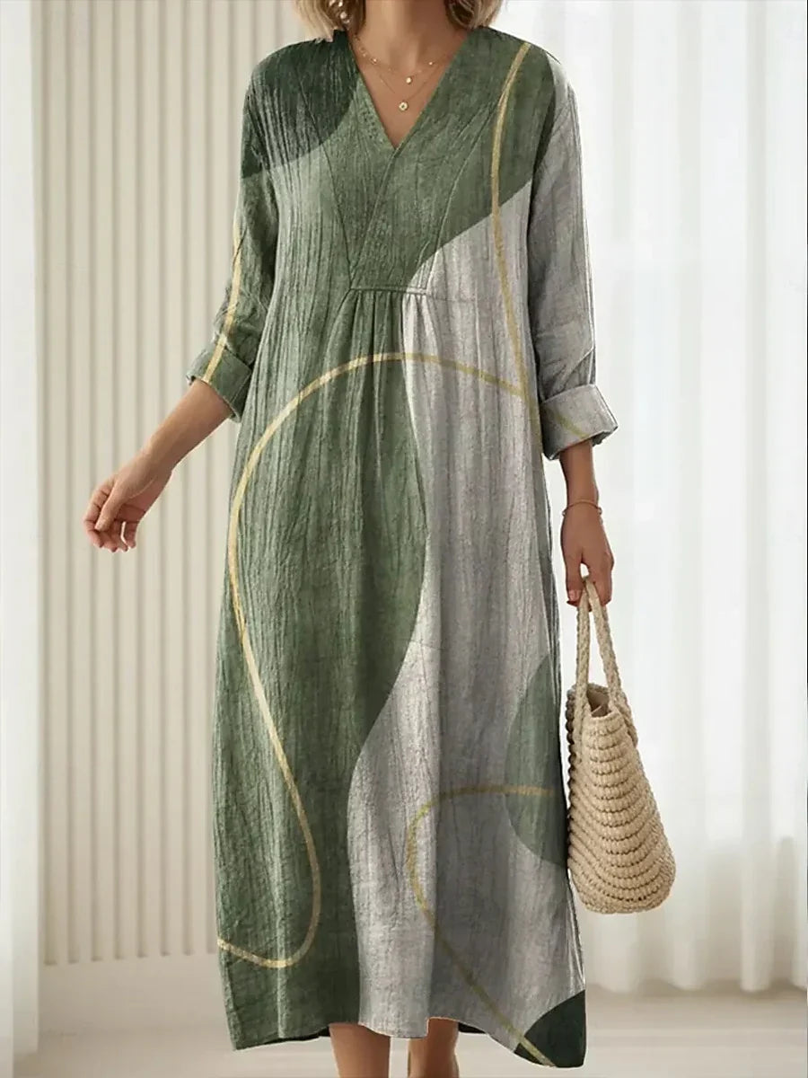 Abstract Print V-Neck Long Sleeve Linen Look Maxi Dress