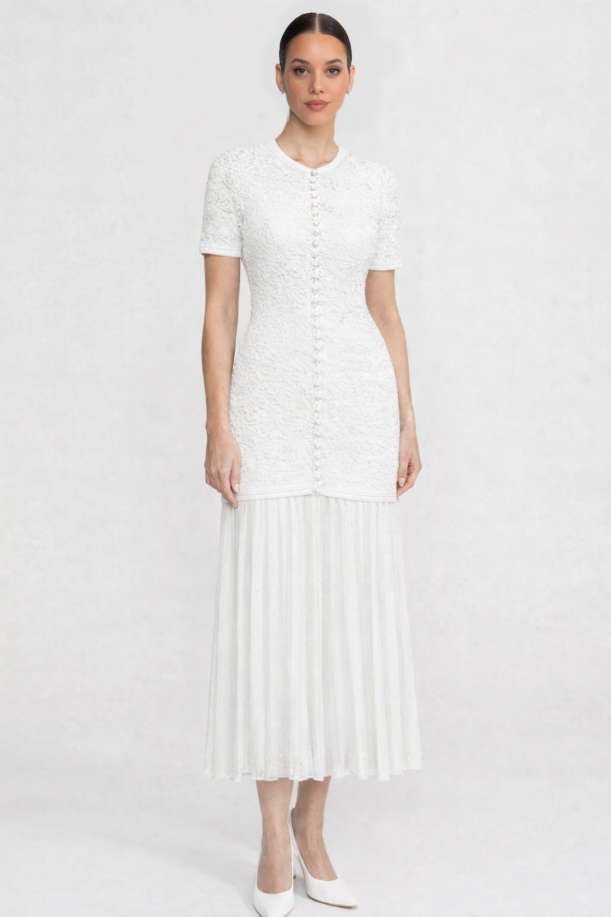 Lace Crew Neck Short Sleeve Pearl Button Pleated Maxi Dress - View 3
