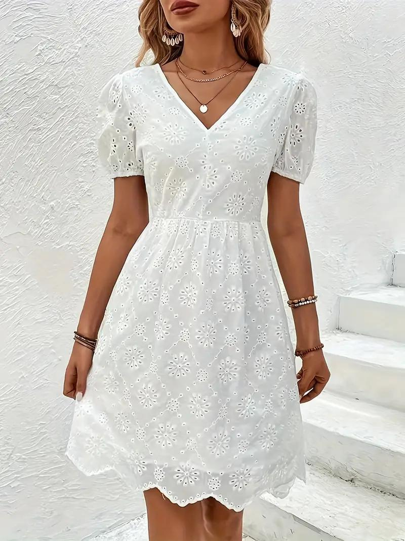 Eyelet Lace V-Back Tie Puff Sleeve Fit and Flare Mini Dress
