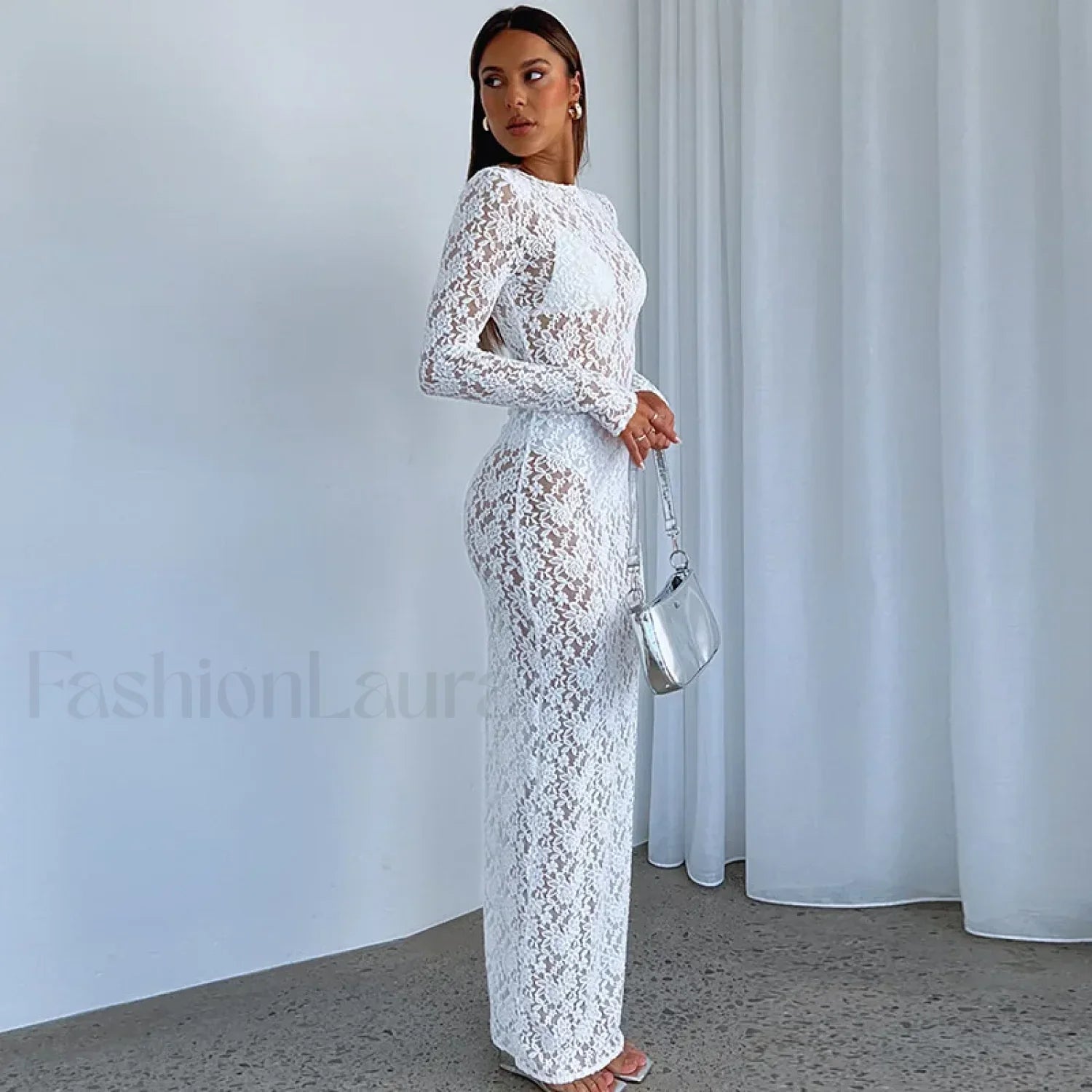 White Black Floral Lace See Through Maxi Autumn Elegant Sexy Party Photoshoot Long Sleeve Lace Dress