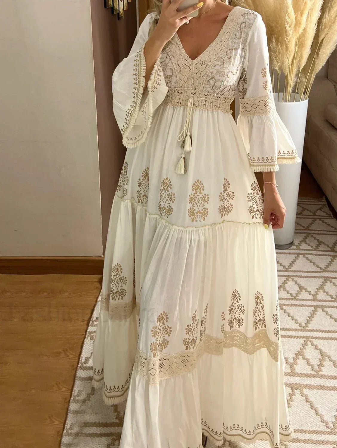 White Flare-Sleeve Ethnic Boho Dress