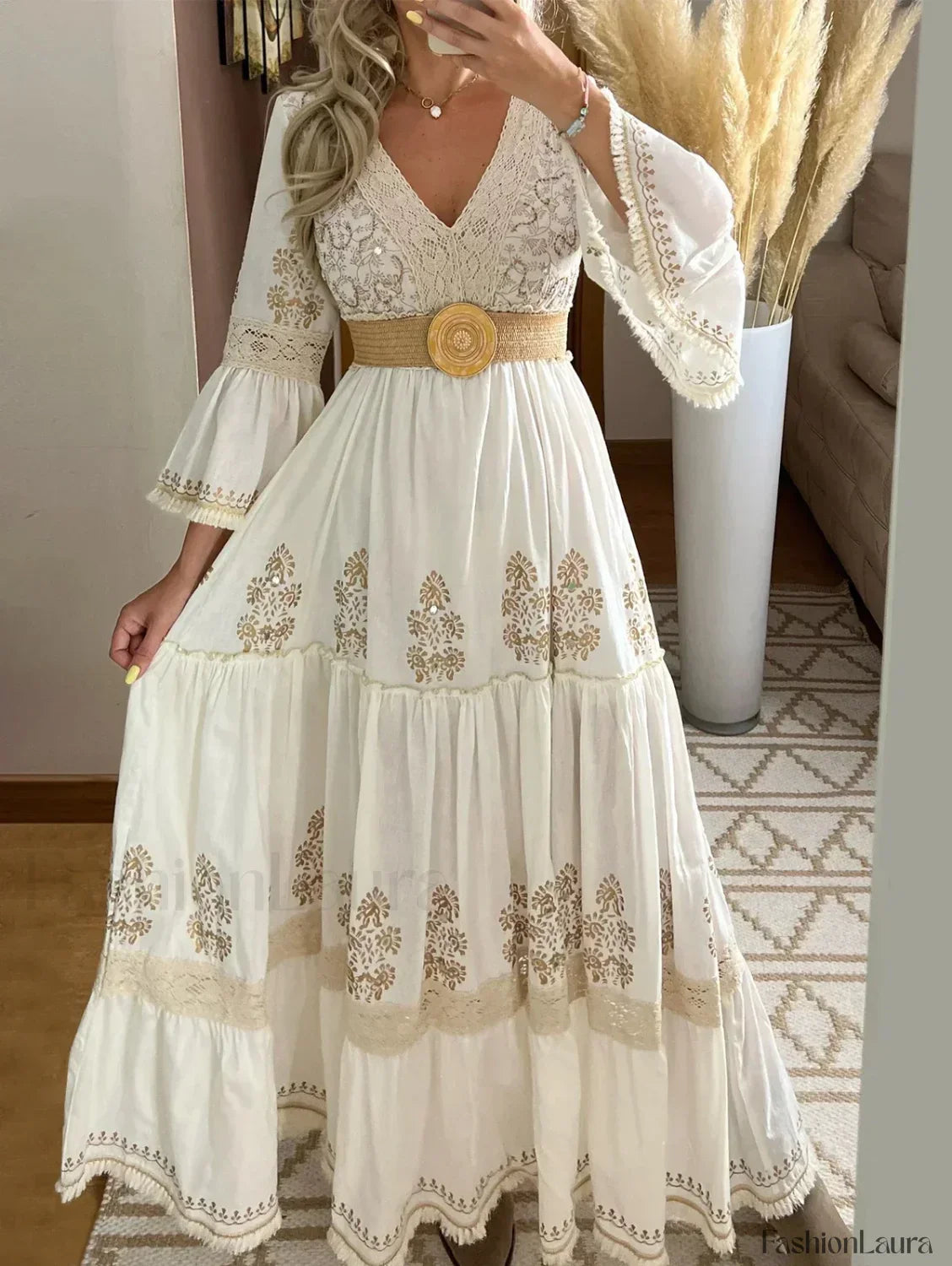 White Flare-Sleeve Ethnic Boho Dress