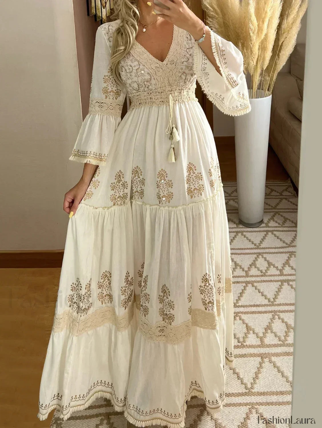 White Flare-Sleeve Ethnic Boho Dress