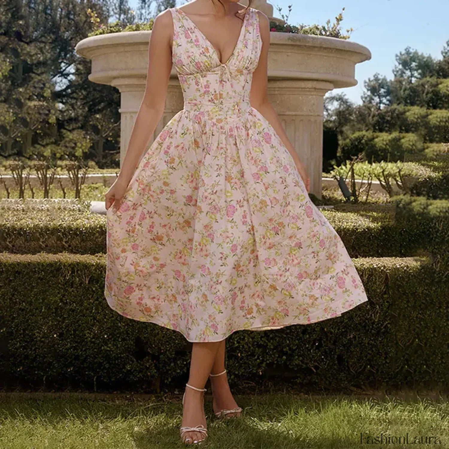 White Floral V-Neck Midi Dress