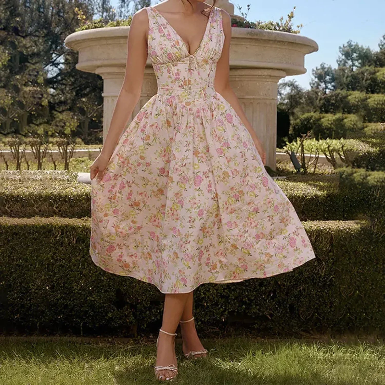 White Floral V Neck Midi Dress Beige / S