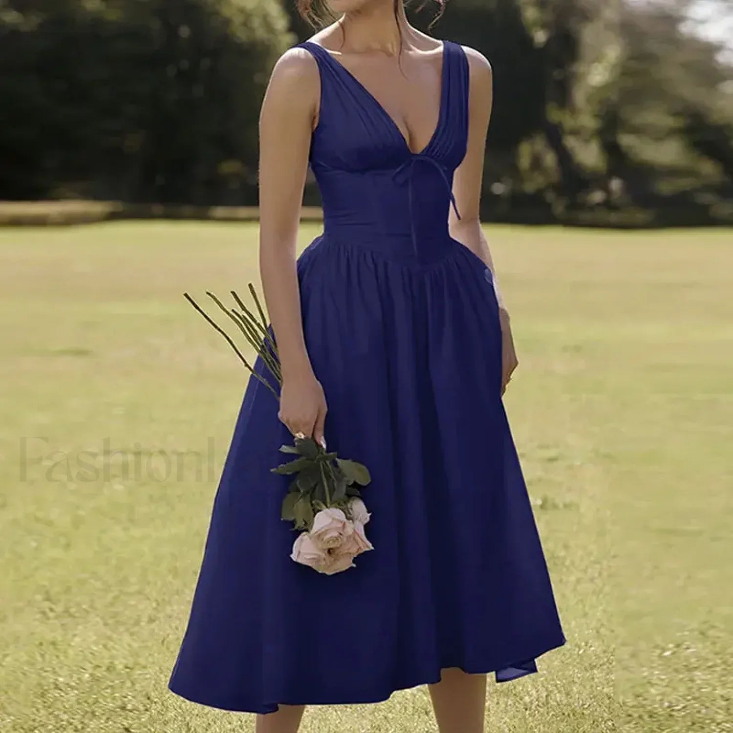 White Floral V Neck Midi Dress Blue / S