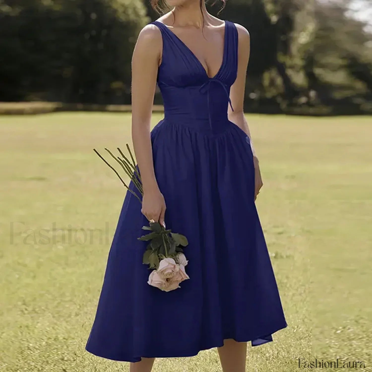 White Floral V-Neck Midi Dress