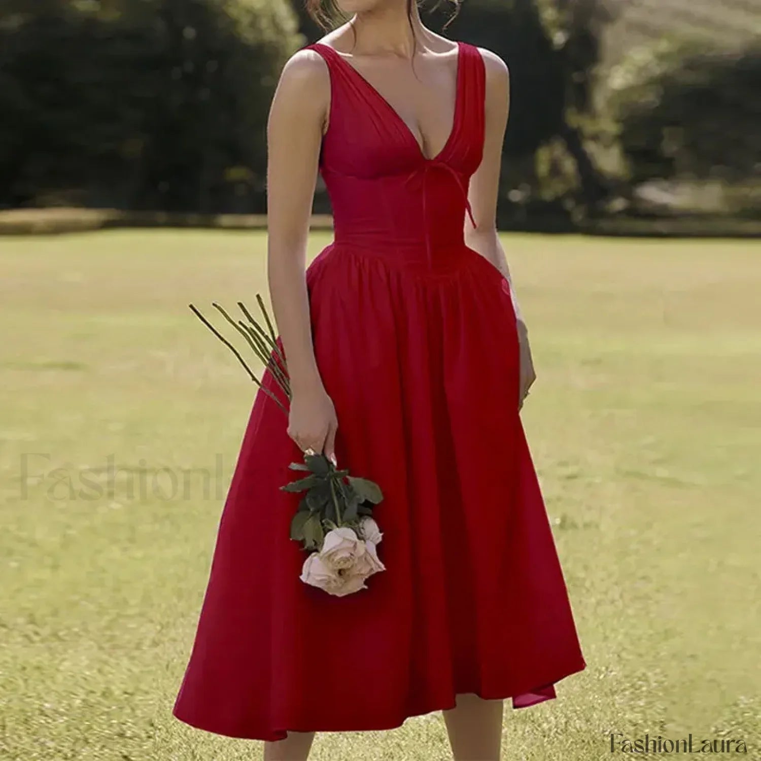 White Floral V-Neck Midi Dress