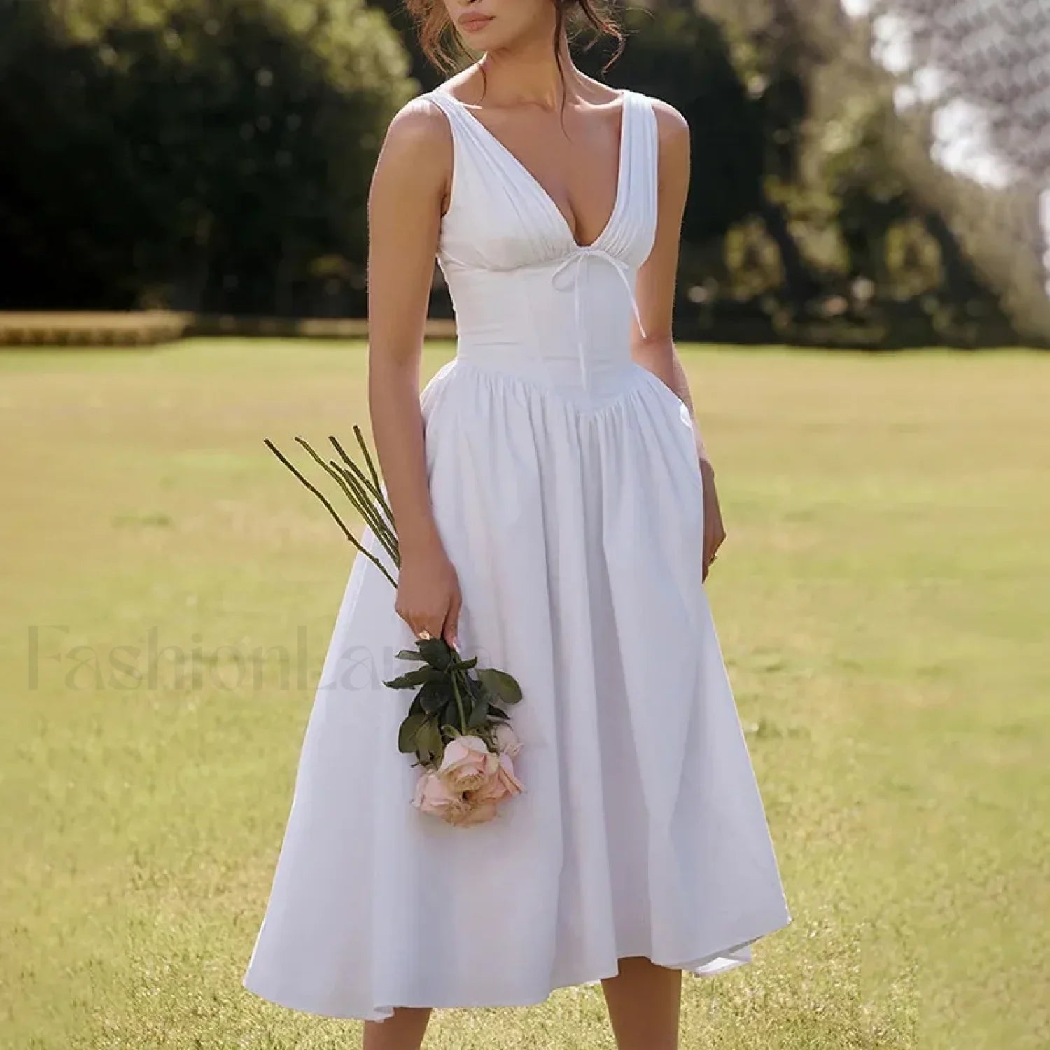 White Floral V Neck Midi Dress WHITE / S