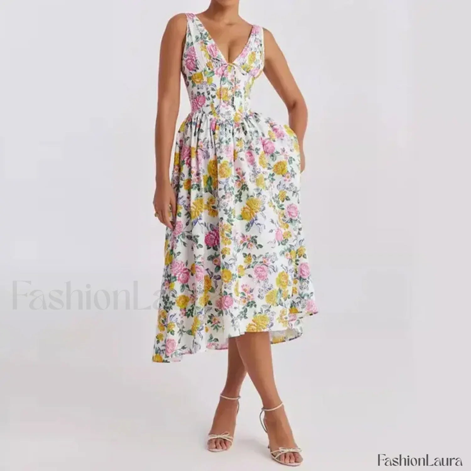 White Floral V-Neck Midi Dress