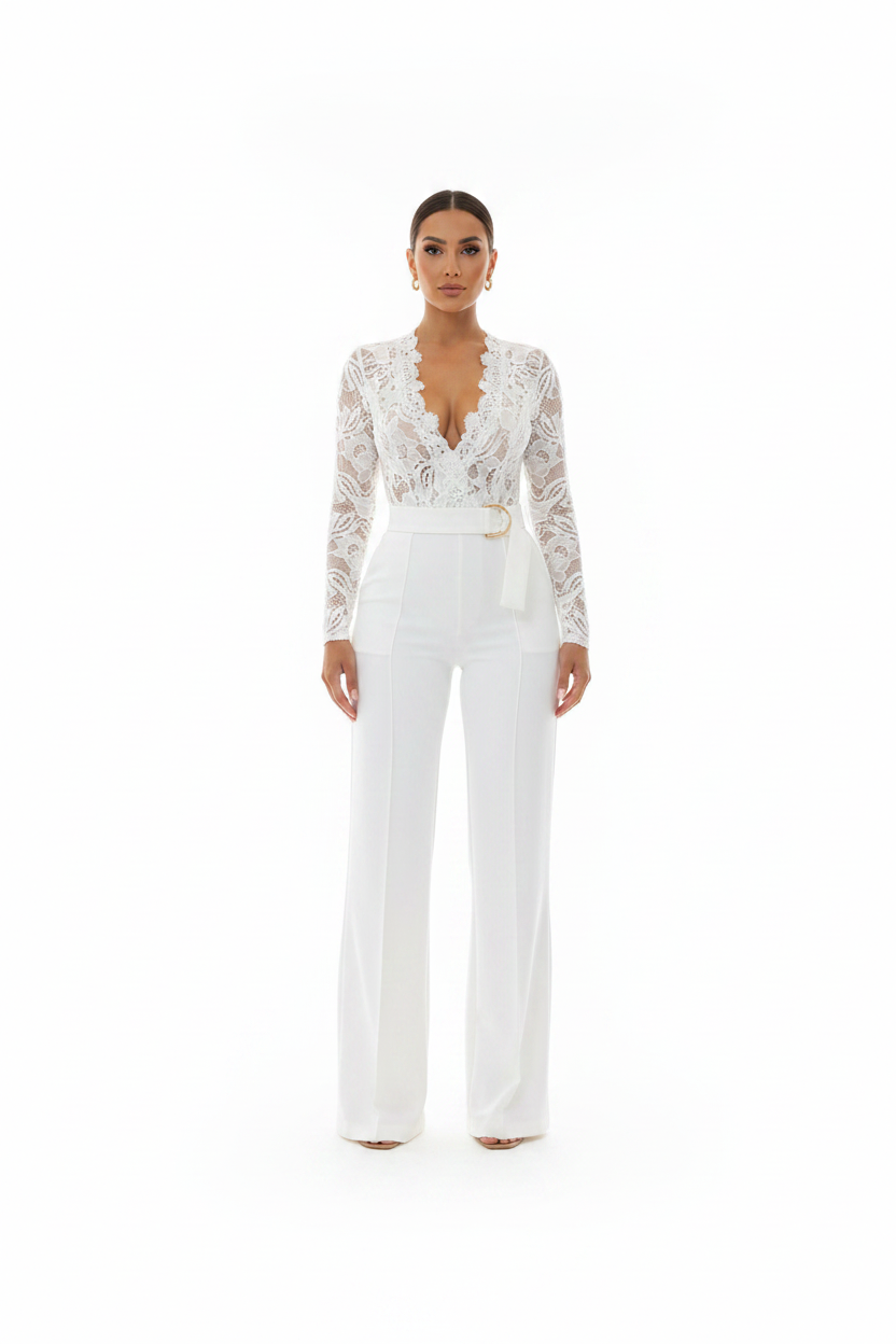 Floral Lace Deep V-Neck Long Sleeve Belted Wide Leg Jumpsuit