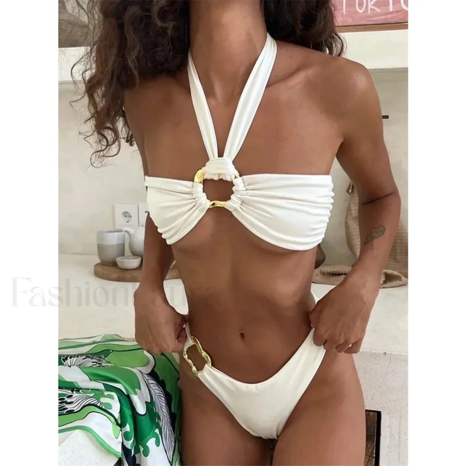White Halter Low Waist Bikini Set