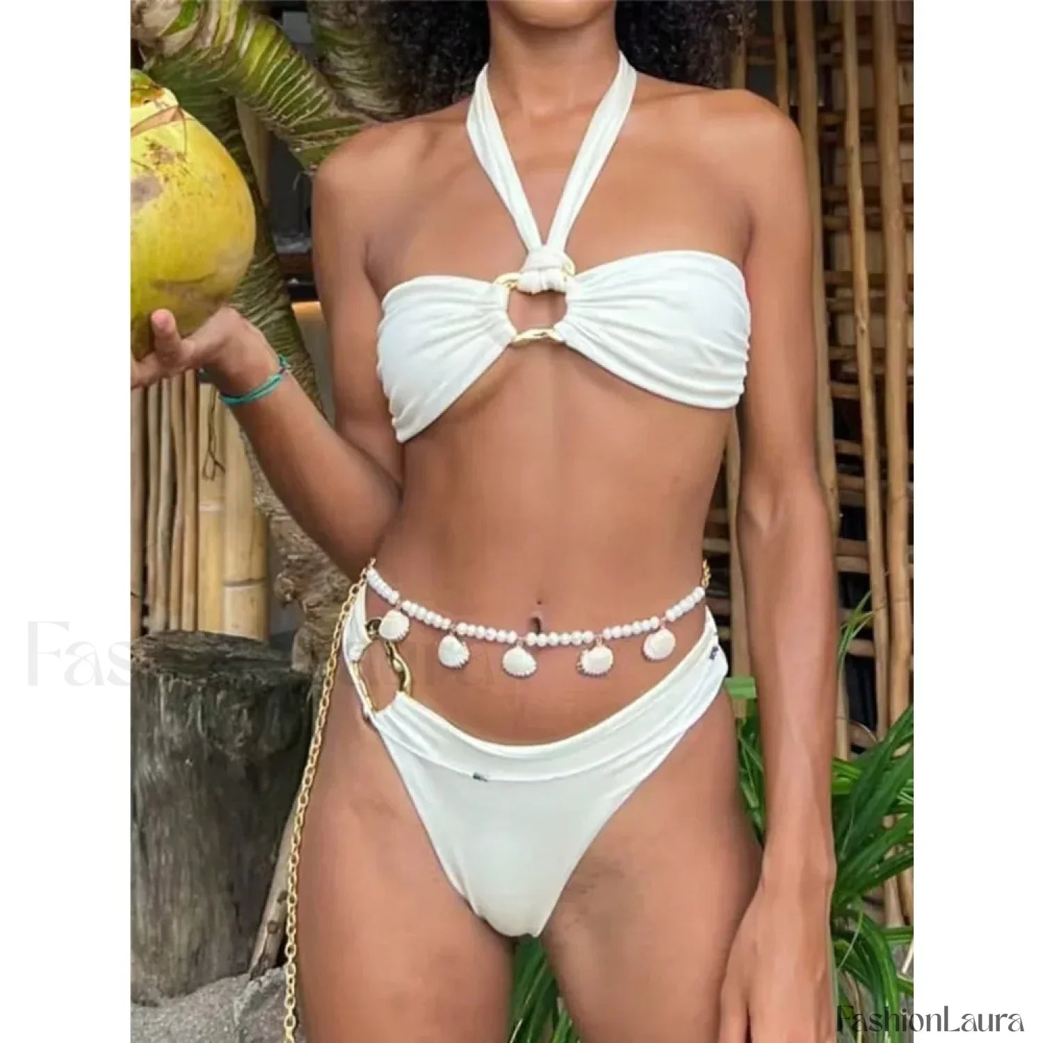 White Halter Low Waist Bikini Set