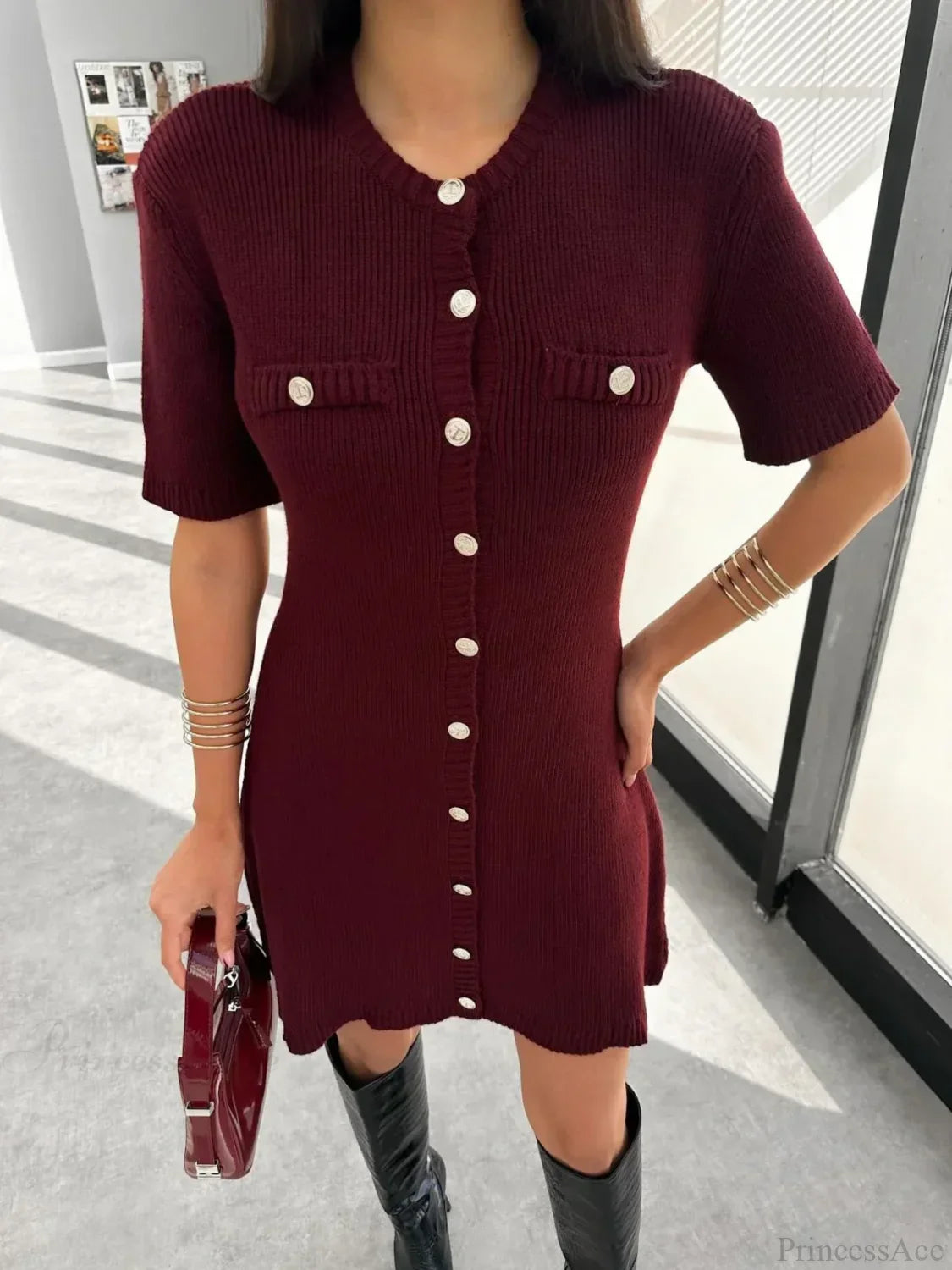 White Knit Pocket Mini Dress Burgundy / S minidress-250223