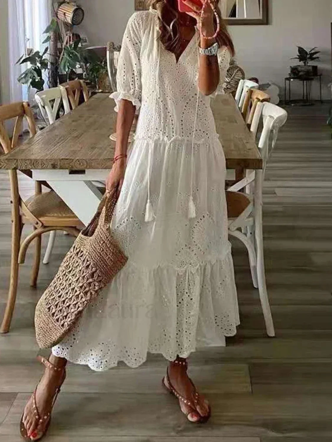 White Lace Hollow-Out Boho Dress