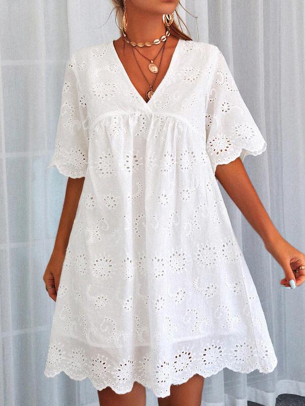 Lace Eyelet V-Neck Short Sleeve Scalloped Babydoll Mini Dress