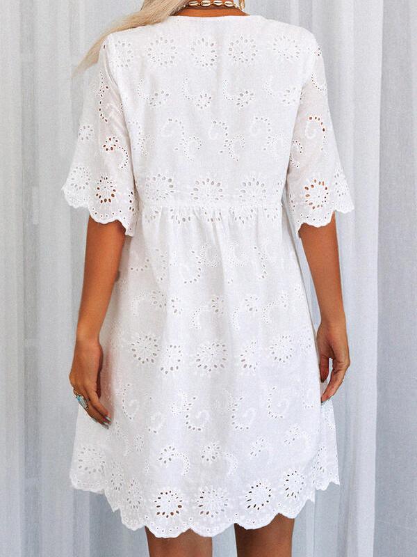 Lace Eyelet V-Neck Short Sleeve Scalloped Babydoll Mini Dress