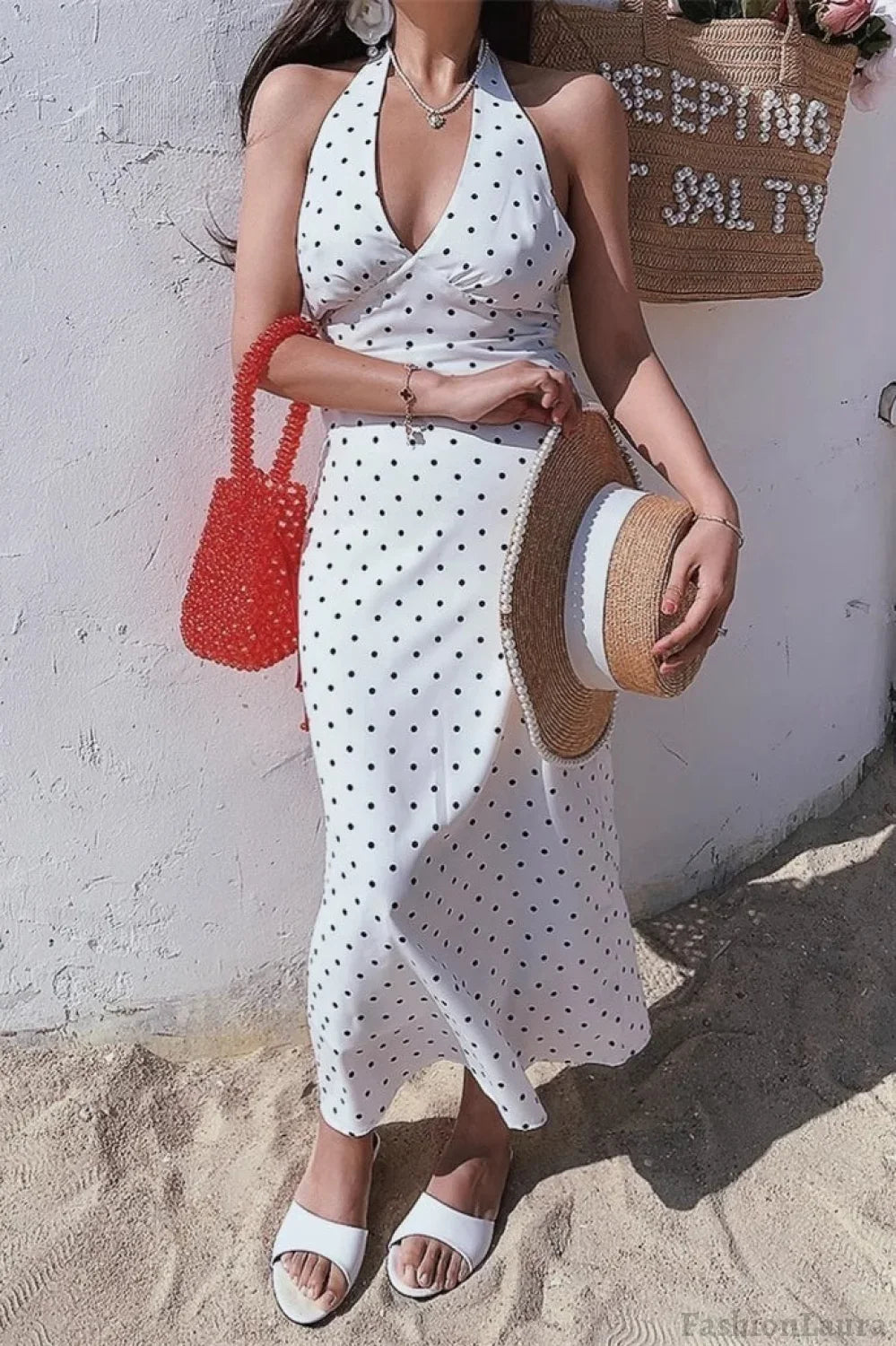 White Polka Dot Halter V-Neck Maxi Dress White / S