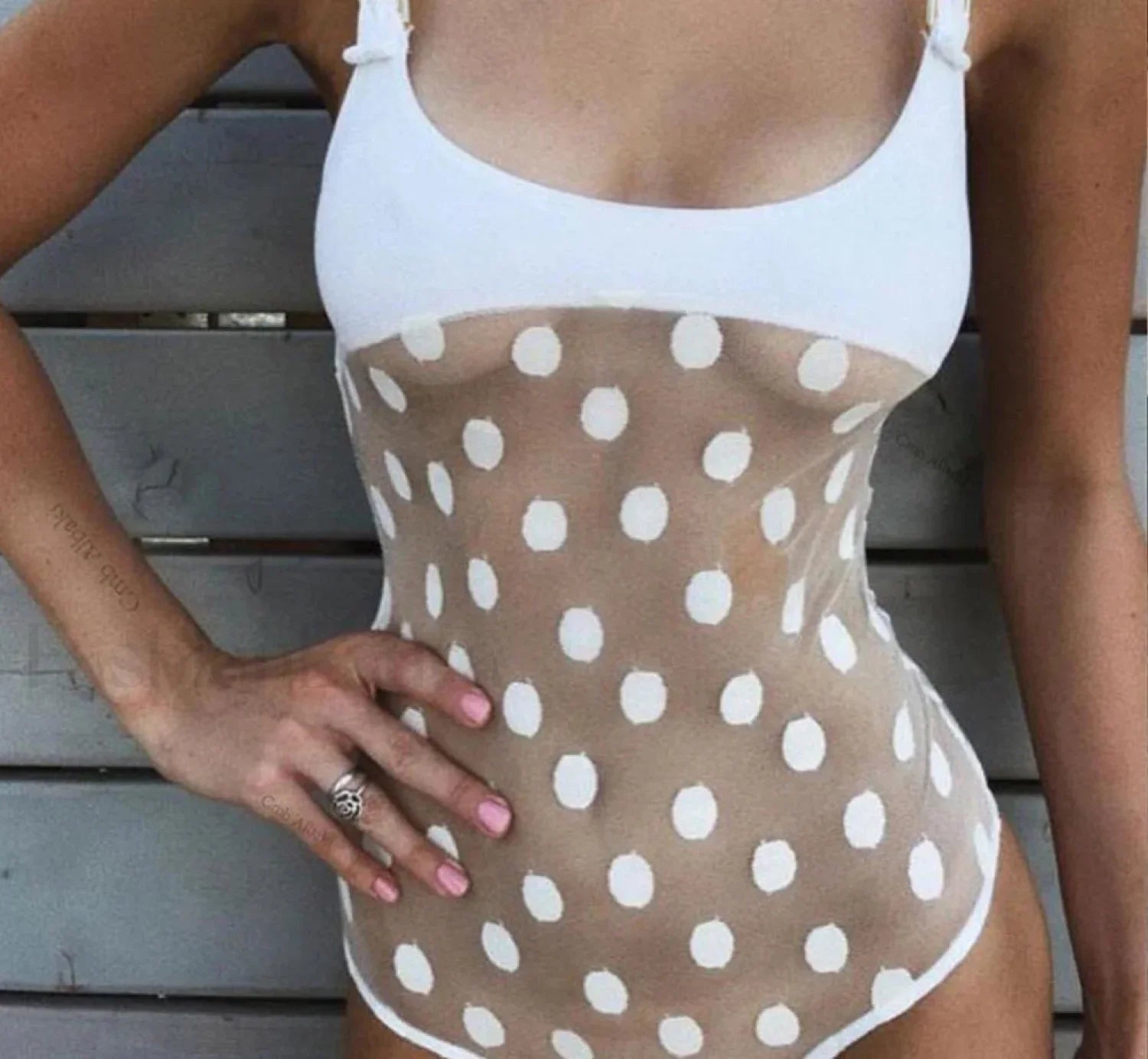 White See Through Dot Mesh One Piece