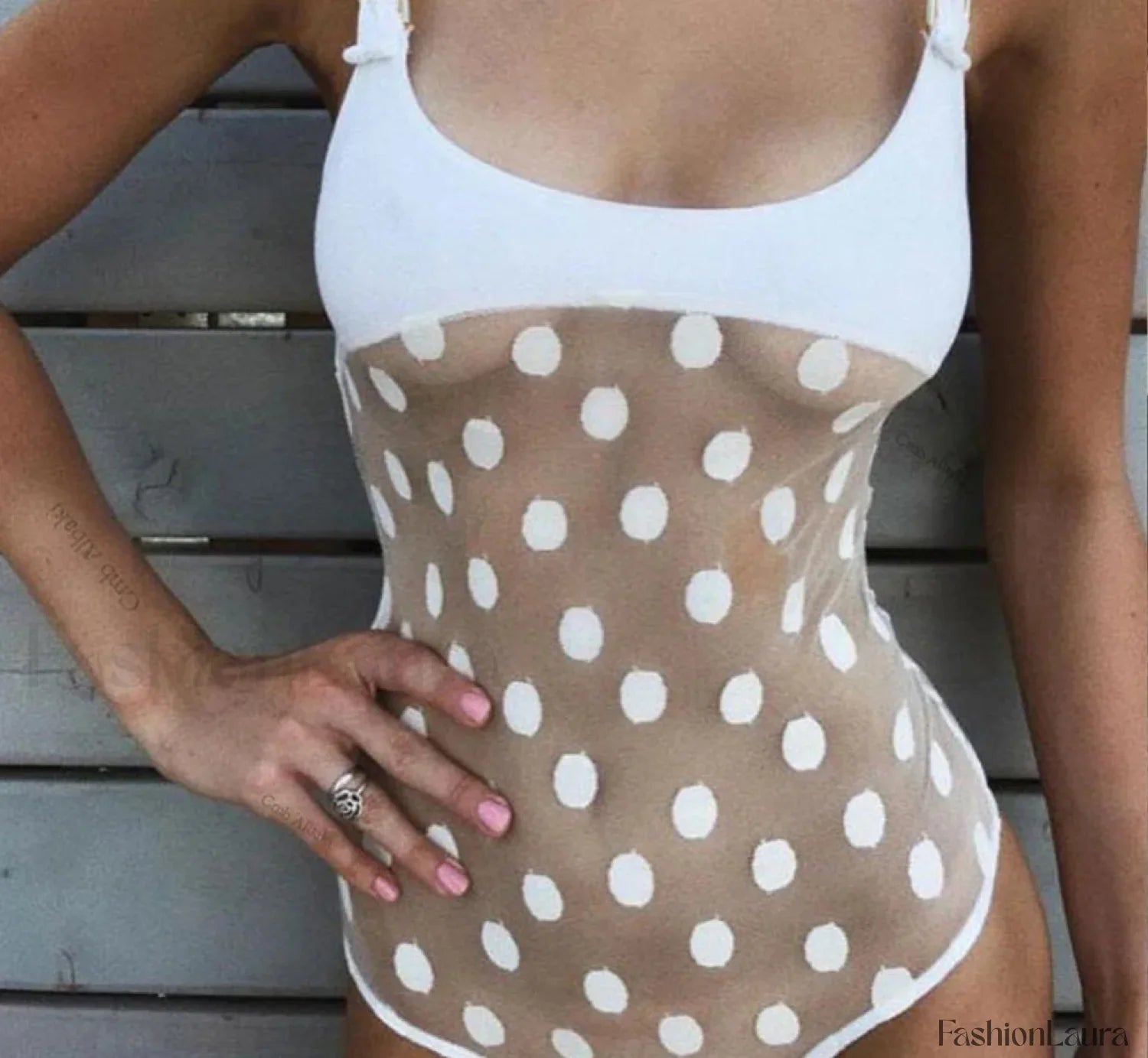 White See Through Dot Mesh One Piece