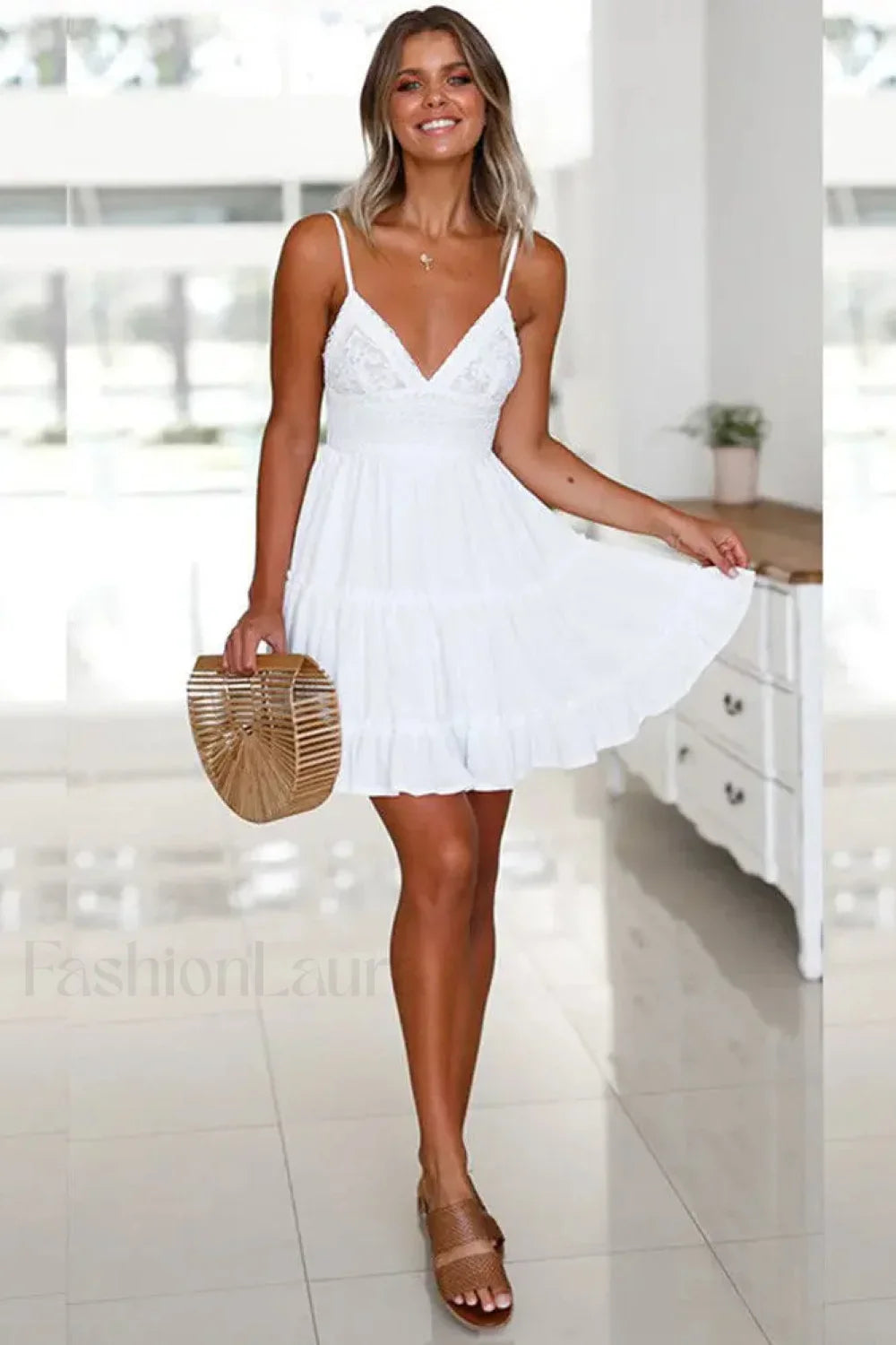 White Spaghetti Strap Mini Boho Dress