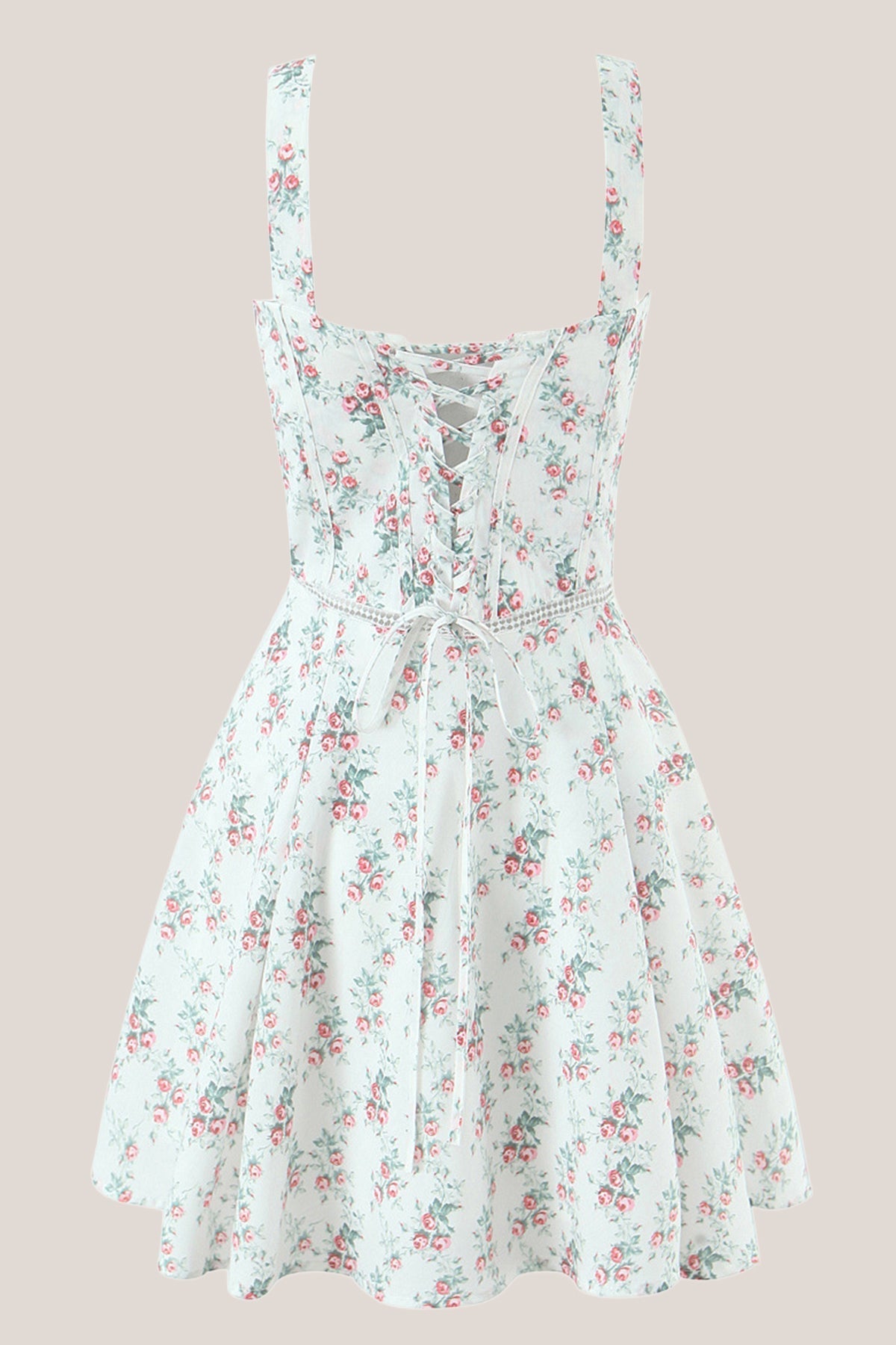 White Classic Rose Printed A-Line Cotton Mini Dress