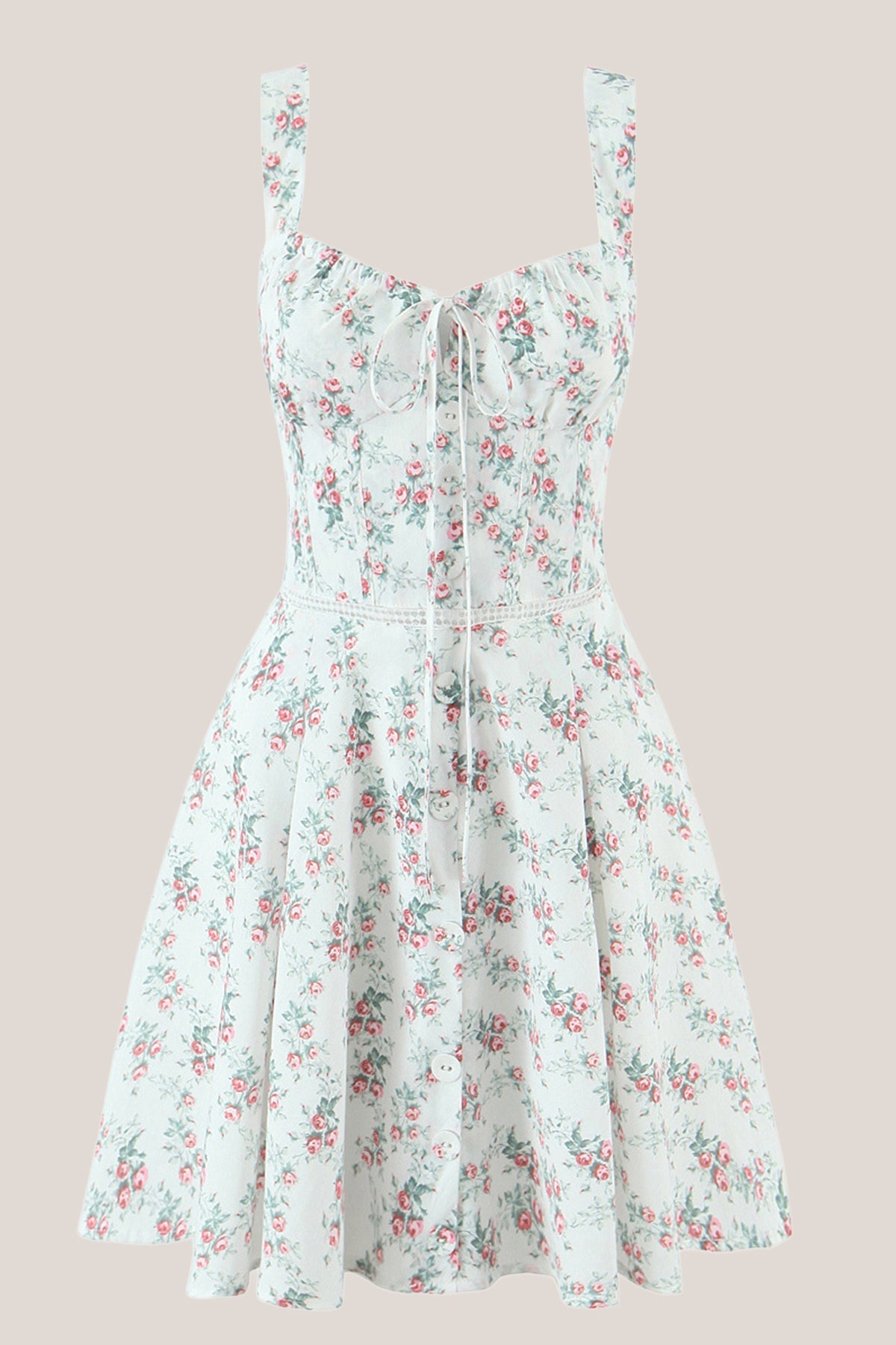 White Classic Rose Printed A-Line Cotton Mini Dress