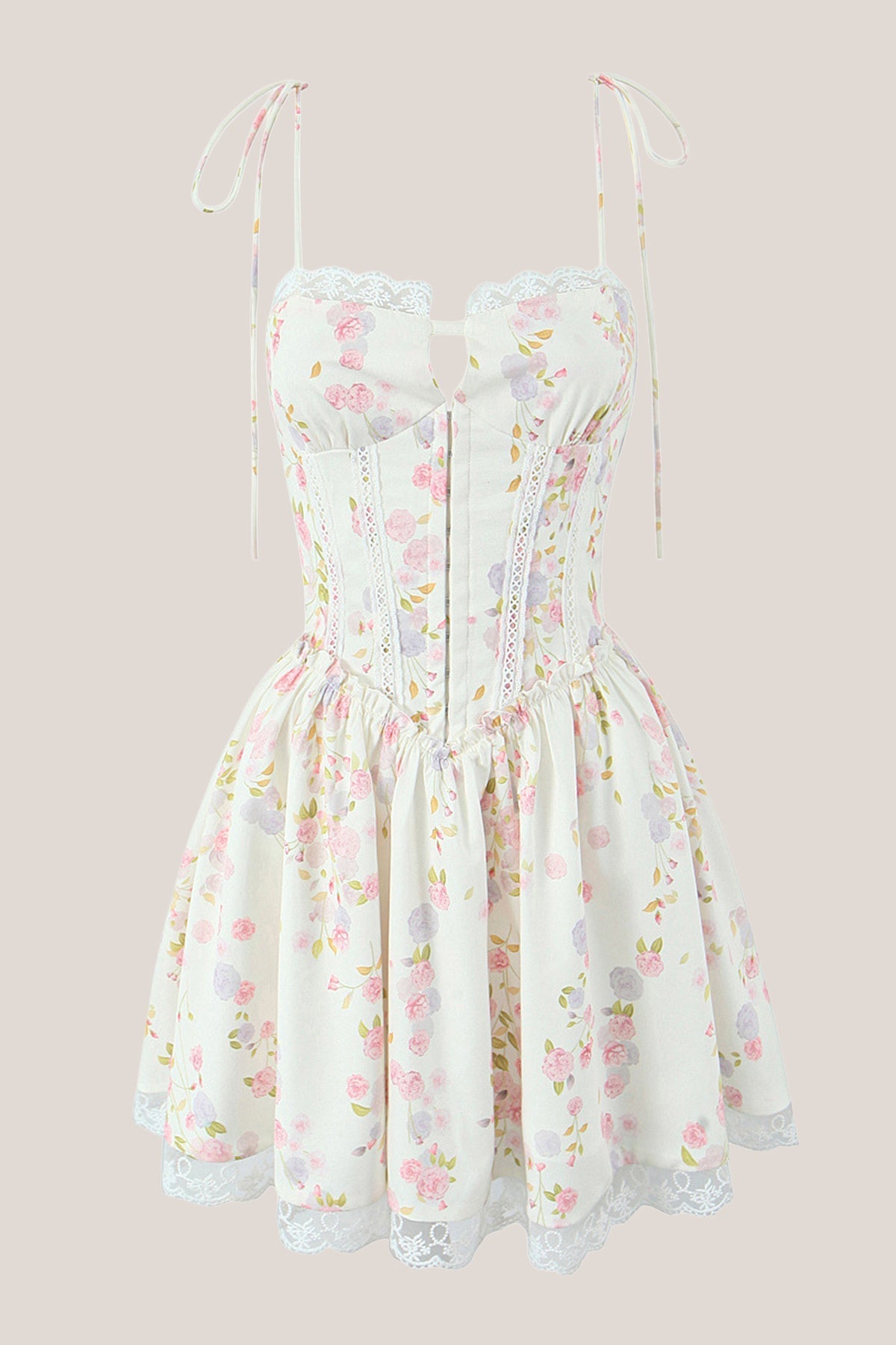 White Warm Rose Print Cotton Lace-Trim Mini Dress