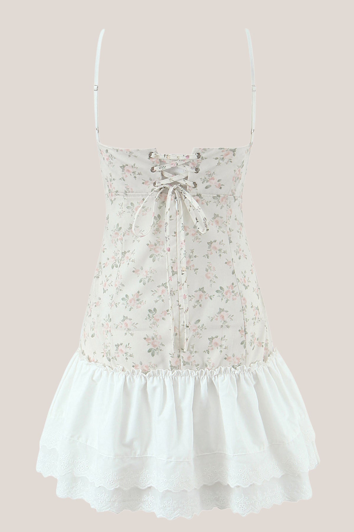 White Warm Rose Print Cotton Ruffled Mini Dress