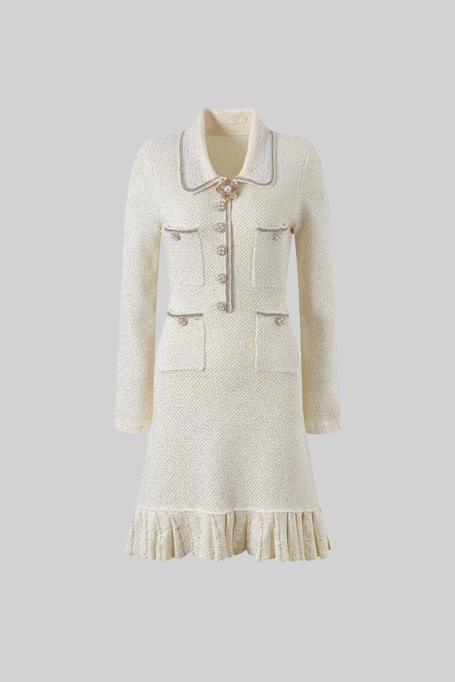 Tweed Pearl Collar Metallic Button Patch Pocket Ruffle Hem Long Sleeve Mini Dress - View 2