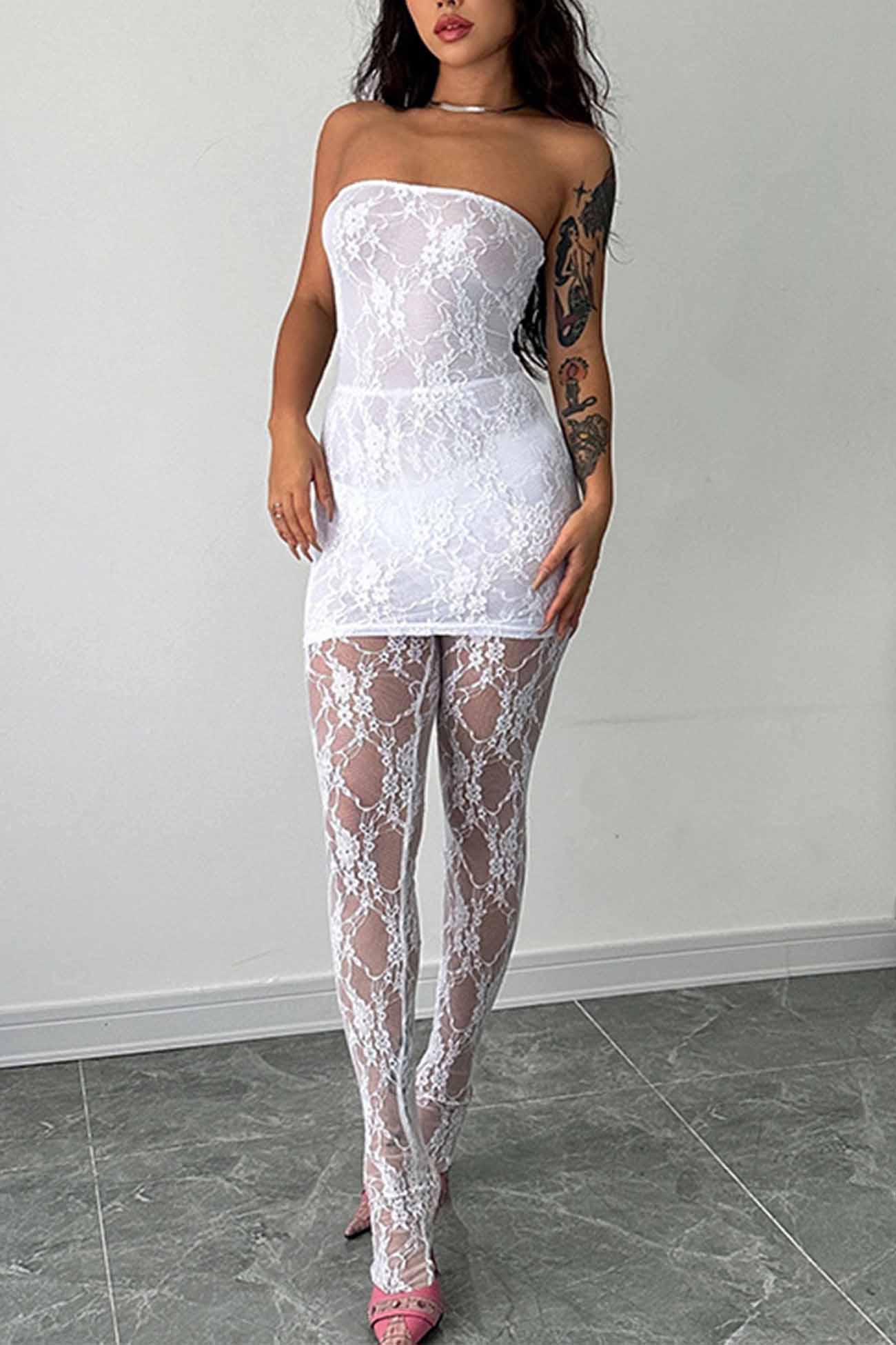 Strapless Floral Lace Bodycon Mini Dress and Lace Leggings Two Piece Set