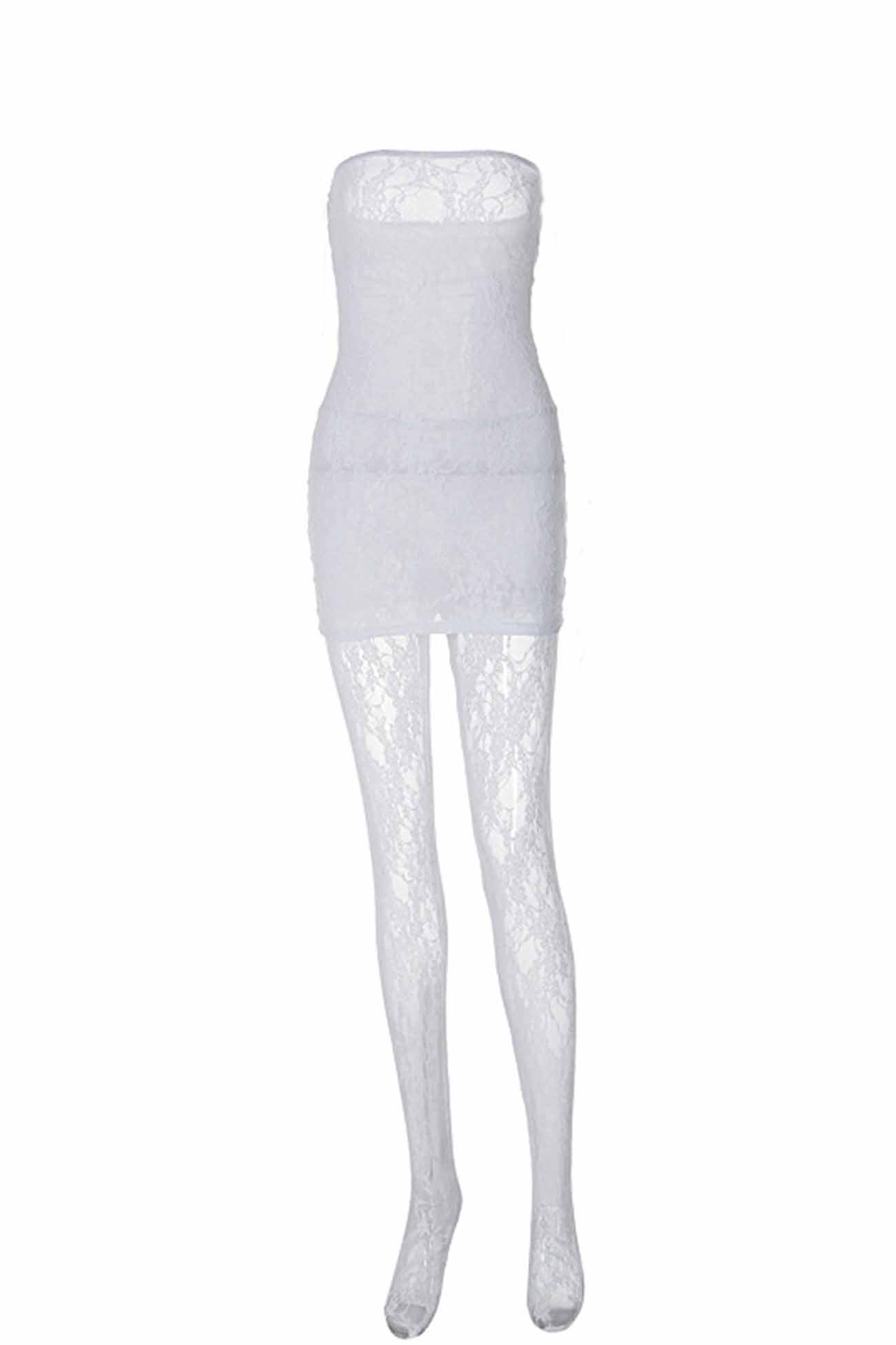 Strapless Floral Lace Bodycon Mini Dress and Lace Leggings Two Piece Set