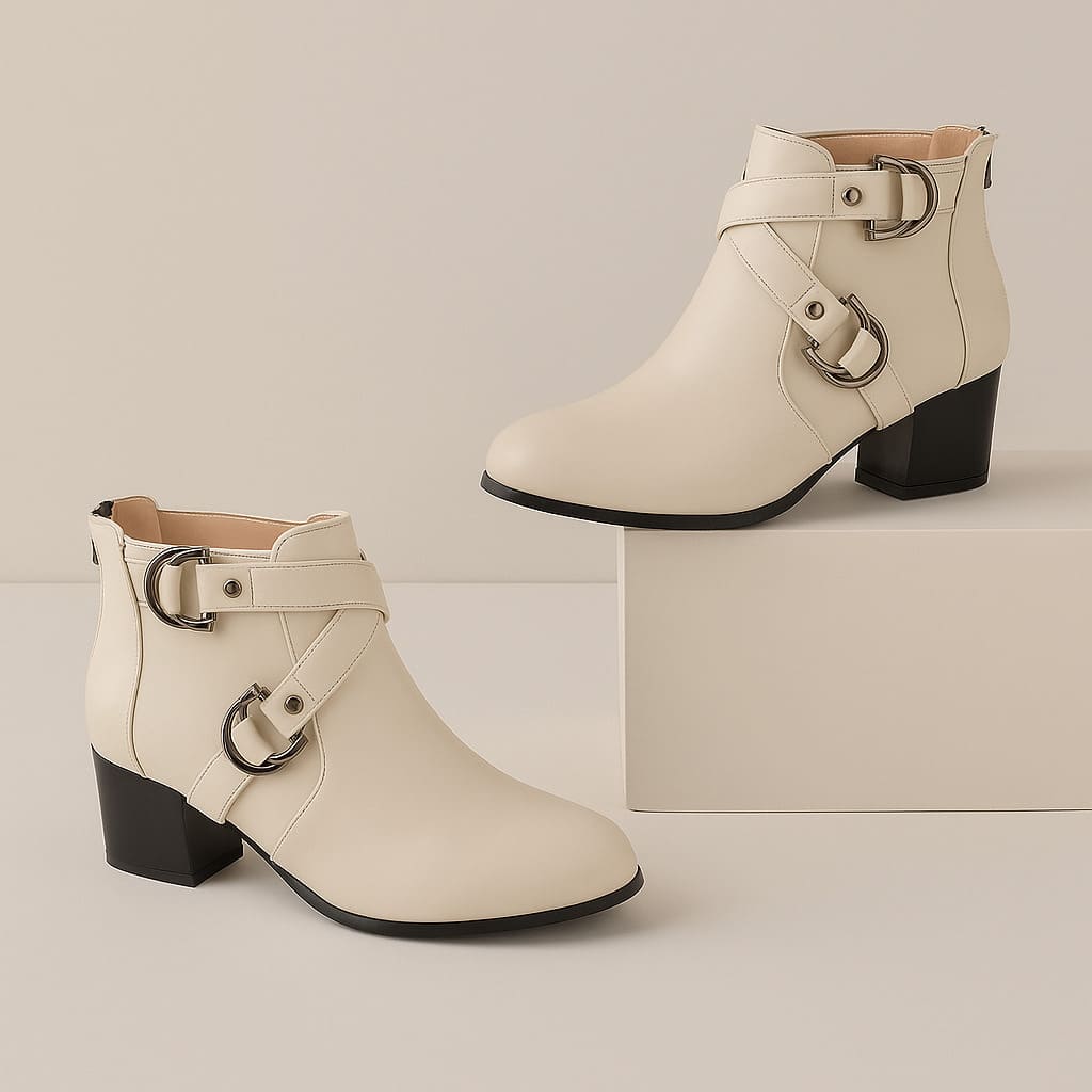 Almond Toe Crossover Buckle Strap Block Heel Ankle Boots