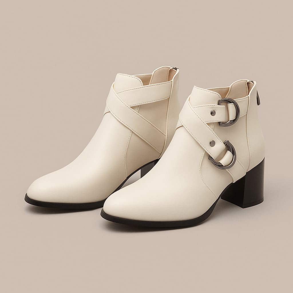 Almond Toe Crossover Buckle Strap Block Heel Ankle Boots